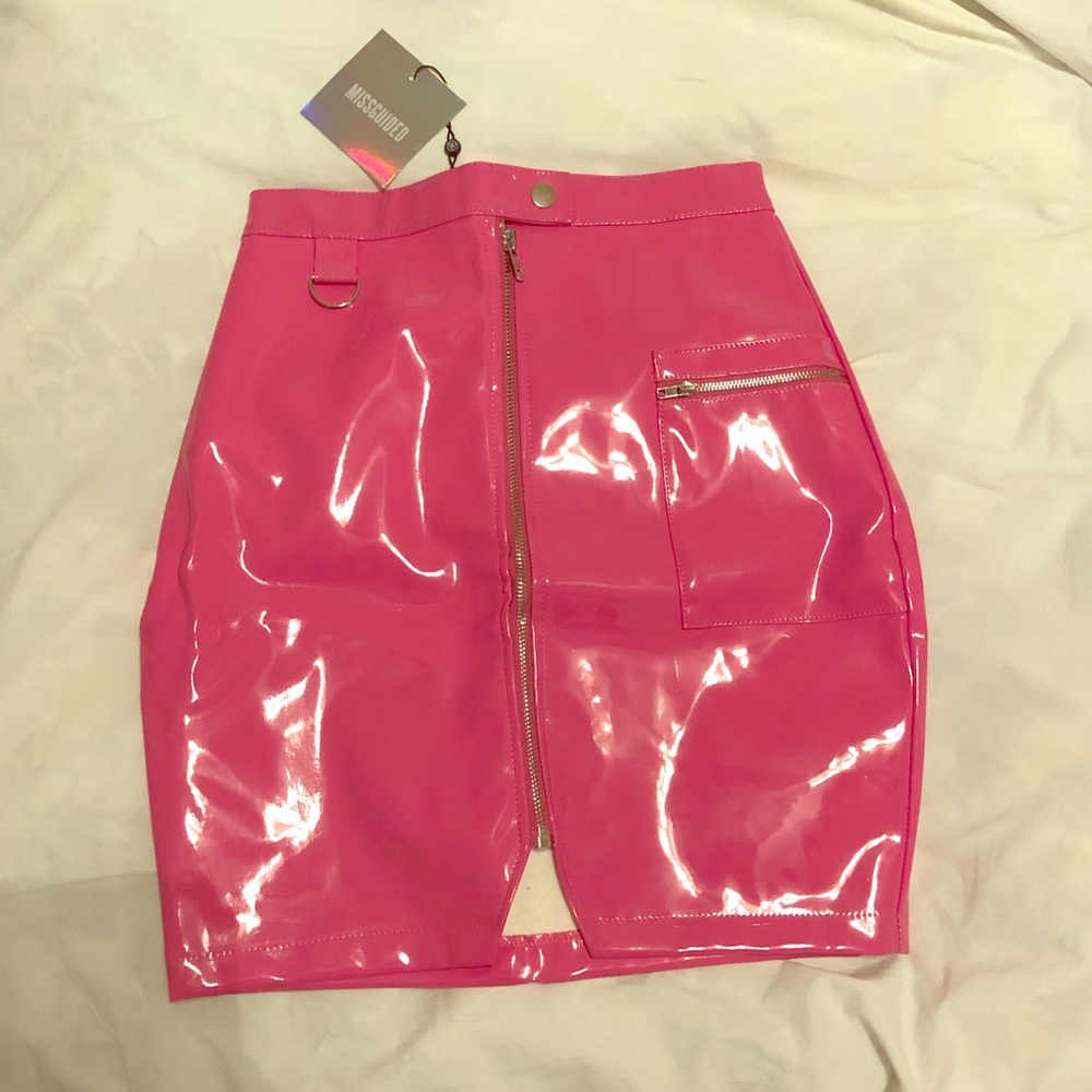 pink vinyl utility high waisted zip up mini skirt